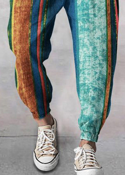 Stylish Yellow Striped Patchwork Cotton Crop Pants Summer