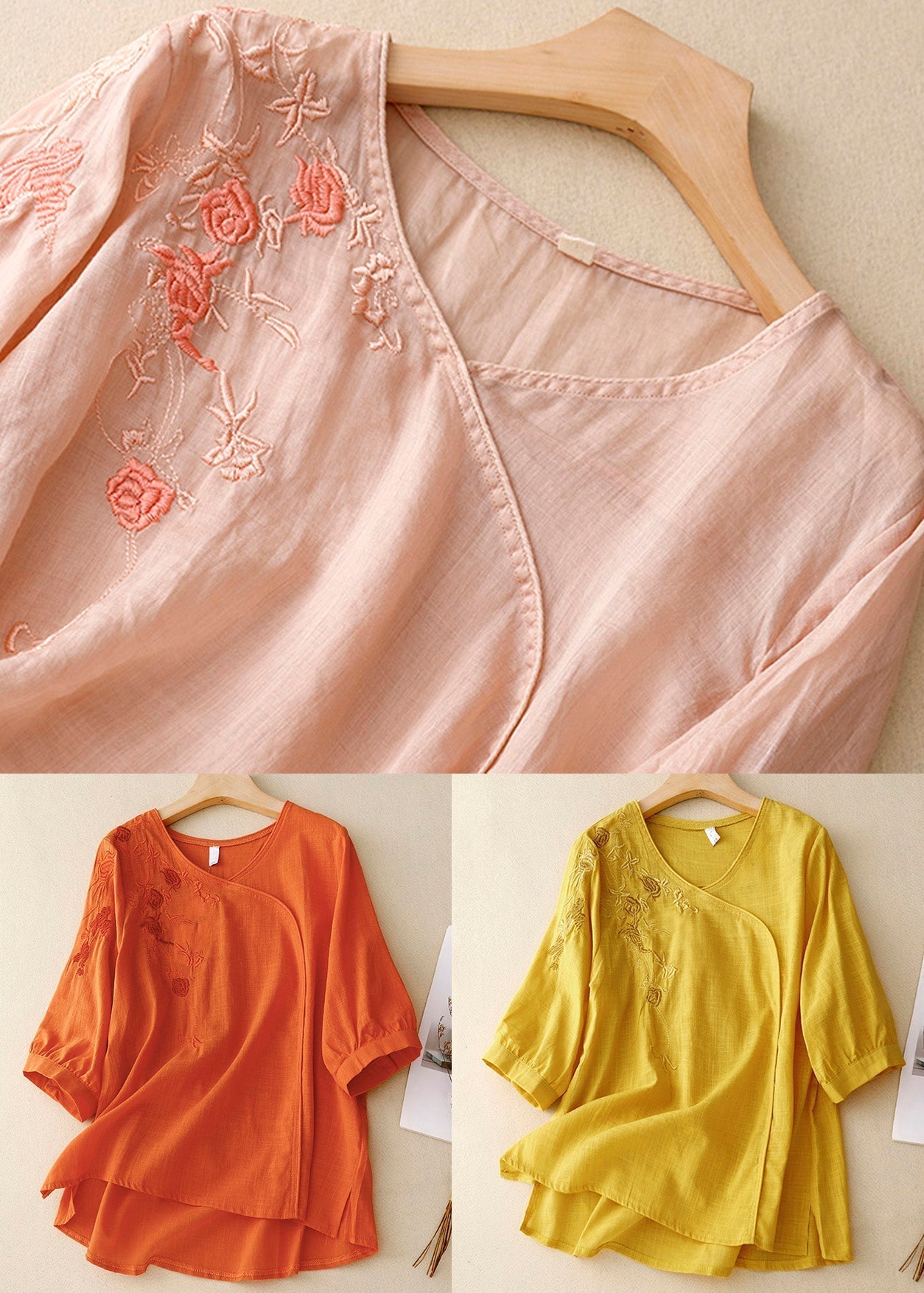 Stylish Yellow V Neck Embroideried Linen Blouses Bracelet Sleeve