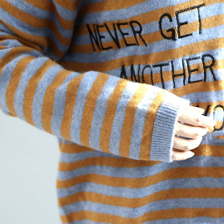 Stylish Striped Cotton Sweaters Blue and Khaki Warm Pullover Knit Sweaters