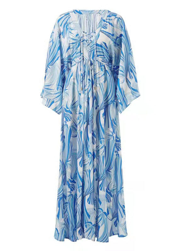 Stylish Blue Print Chiffon Tie Waist Kimono Robe Dresses
