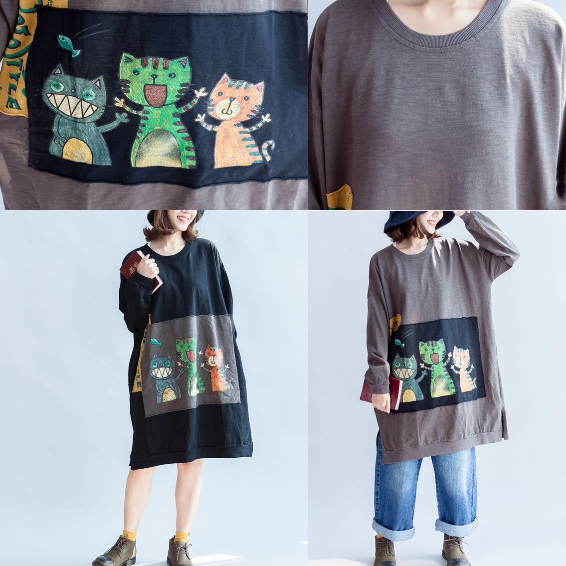 Three Happy Cats Print Cotton Dresses Oversized Sweat Dress Pullover