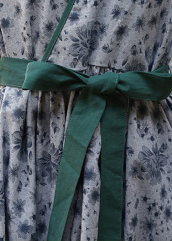 Green Tie Waist Print Linen Long Dress Three Quarter Sleeve