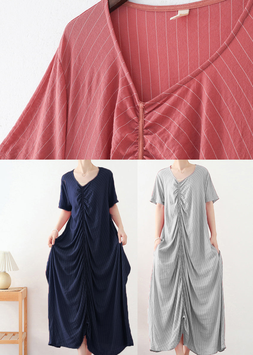Navy Asymmetrical Design Cotton Long Dress Short Sleeve
