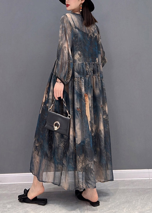 O-neck Print Tulle Patchwork Wrinkled Chiffon Dresses Long Sleeve