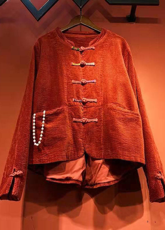 Red Button O-neck Pockets Corduroy Coats Spring