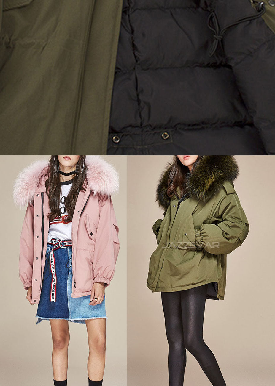 Army Green Hooded Fur Collar Drawstring Winter Cotton Blend Coat