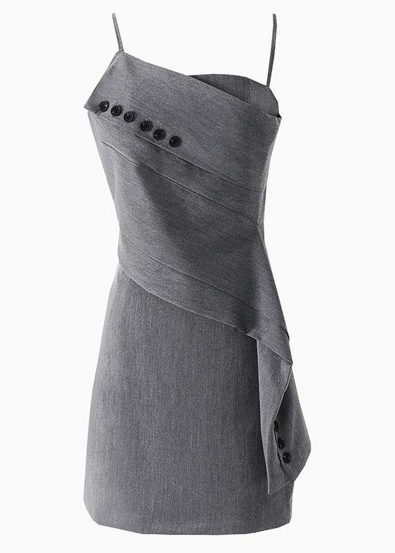 Grey Asymmetrical Design Button Spaghetti Strap Mini Dress