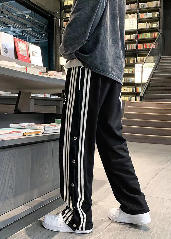 Unique Black Pockets Striped Side Open Cotton Pants Fall