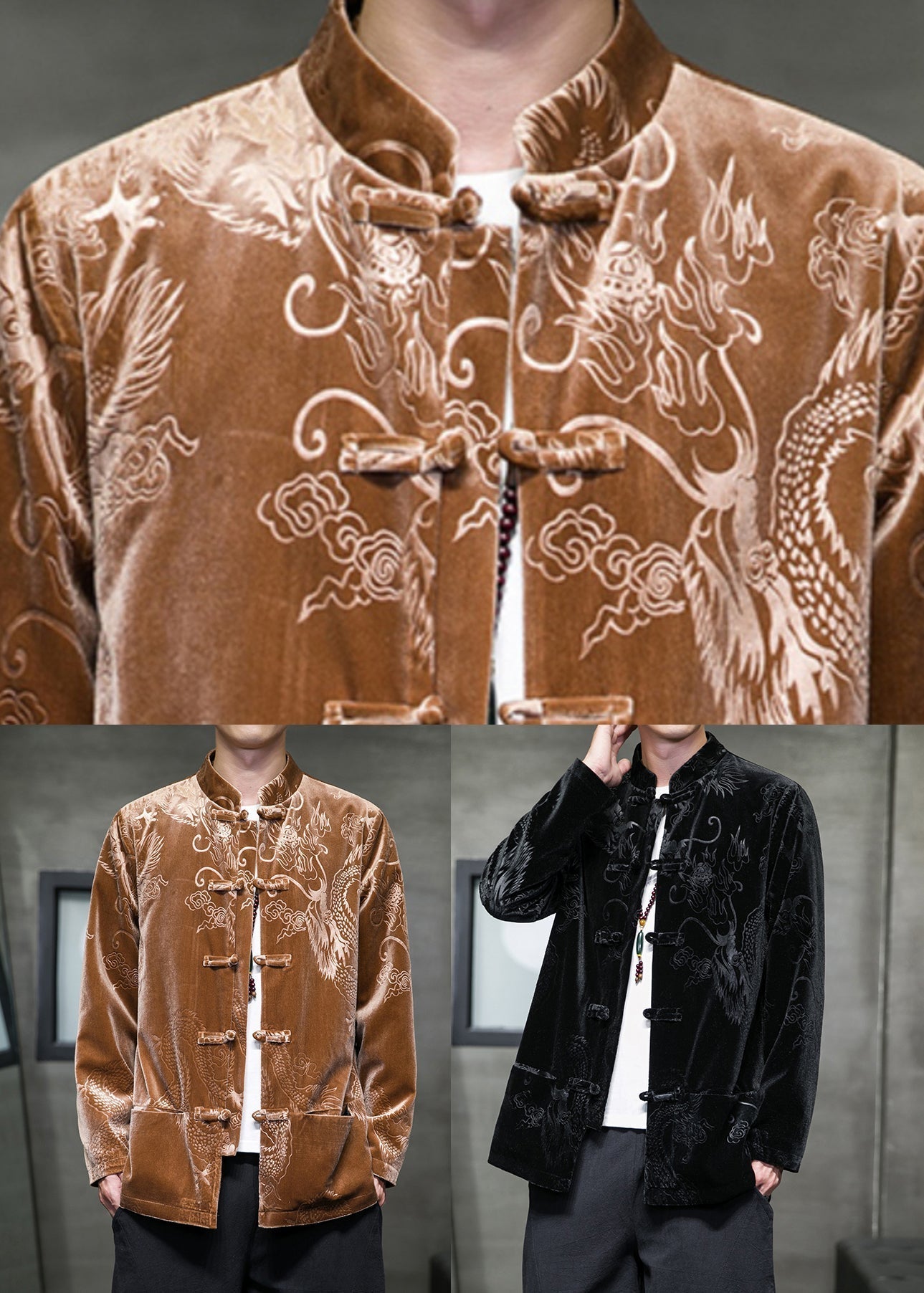 Unique Black Stand Collar Print Button Silk Velour Coat Long Sleeve