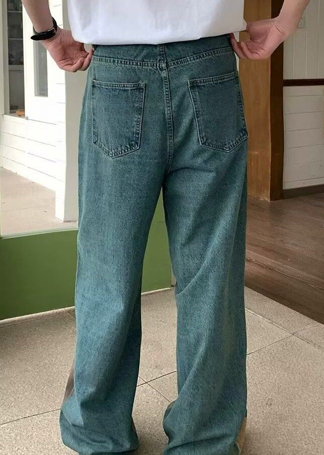 Unique Blue Print Pockets High Waist Denim Wide Leg Pants Summer
