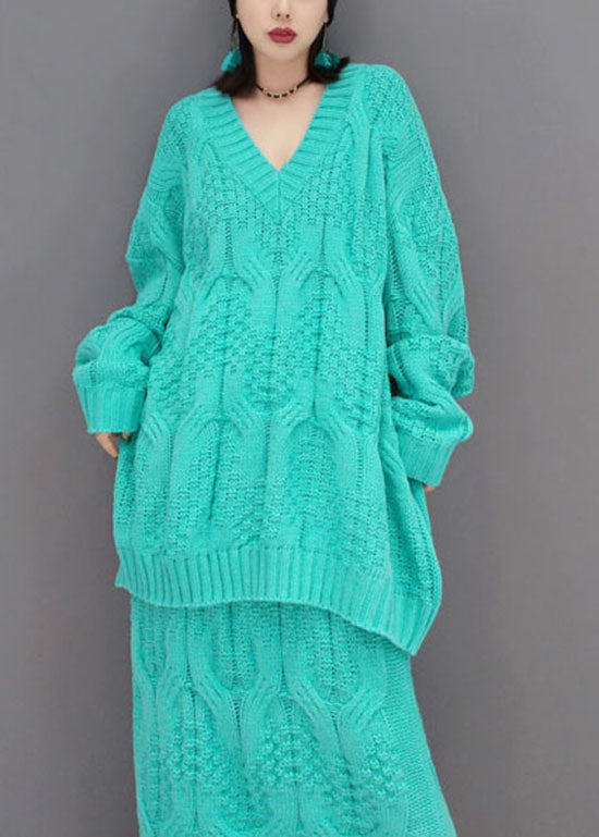 Unique Blue V Neck Cable Knit Tops a Line Skirts Two-piece Set Spring
