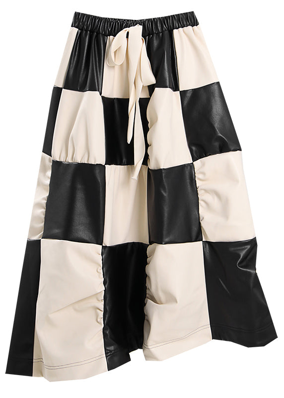 Unique Cinched Plaid Wrinkled Faux Leather Skirt Spring