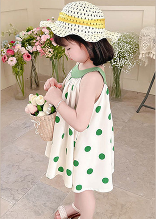 Unique Coffee O-neck Dot Print Wrinkled Kids Chiffon Strap Dress Summer