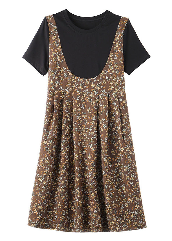 Unique Coffee O-neck Patchwork Chiffon Long Dress Summer