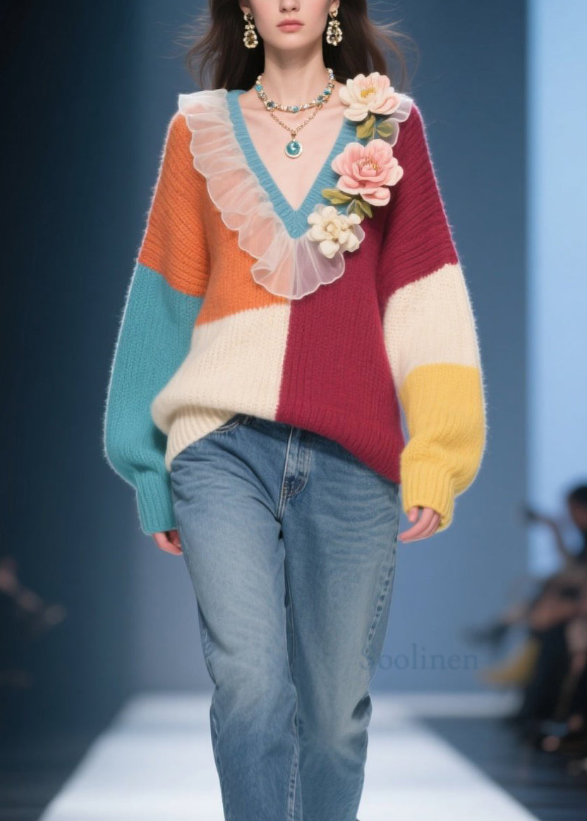 Unique Colorblock V Neck Ruffled Knit Pullover Fall