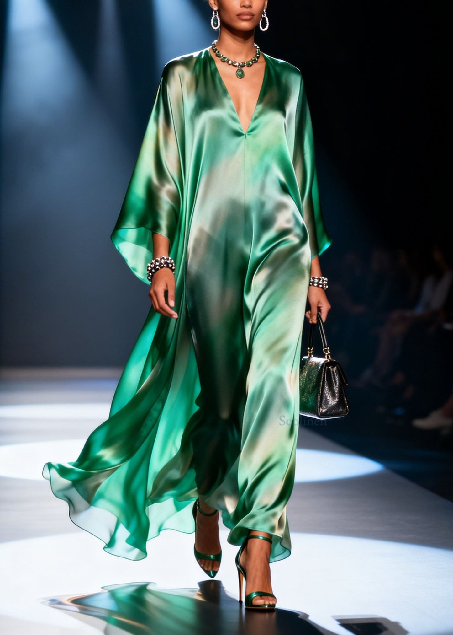 Unique Green V Neck Chiffon Long Dress Summer