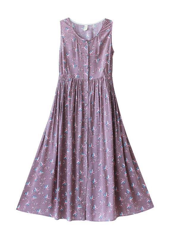 Unique Purple Print Dresses O-neck Button Summer Sleeveless Dress