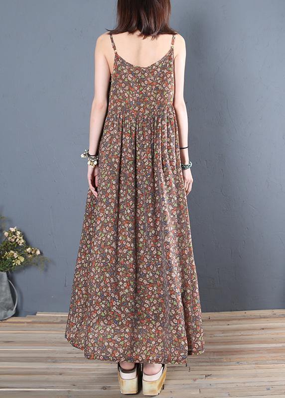 Unique Spaghetti Strap Cinched Cotton Summer Dresses Pattern Chocolate Print Maxi Dress
