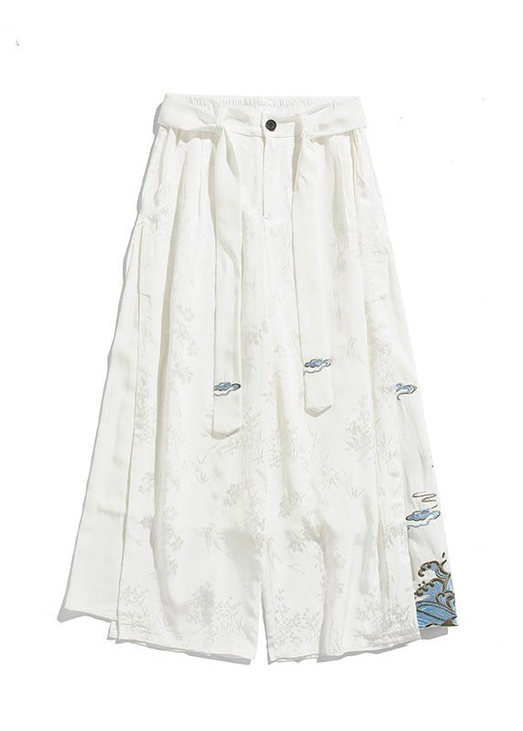 Unique White Oriental Embroideried Pockets Silk Pants Summer