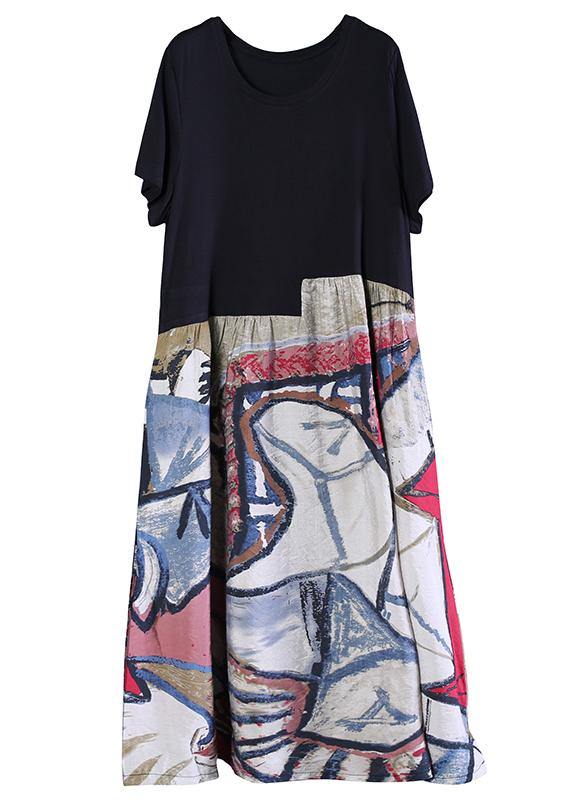 Unique Black Cotton Tunic Pattern O Neck Patchwork Midi Dresses