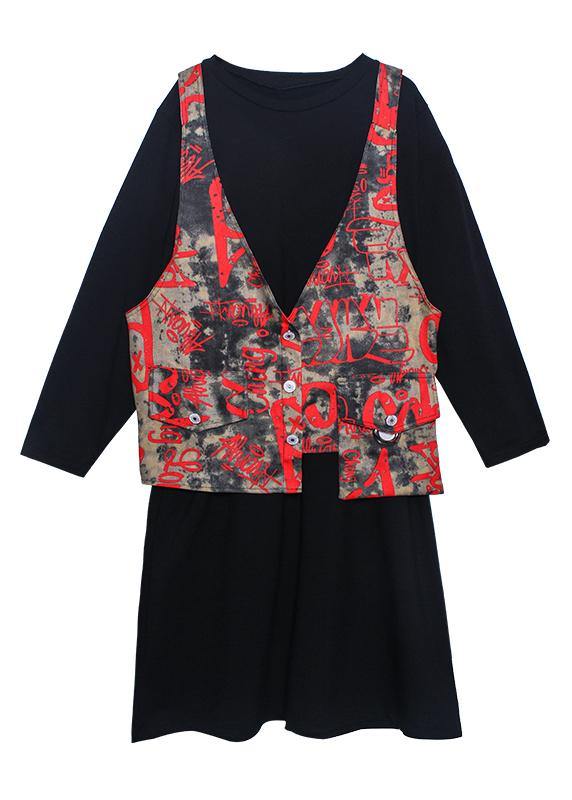 Unique Black Letter Clothes O Neck Two Pieces Long Dress