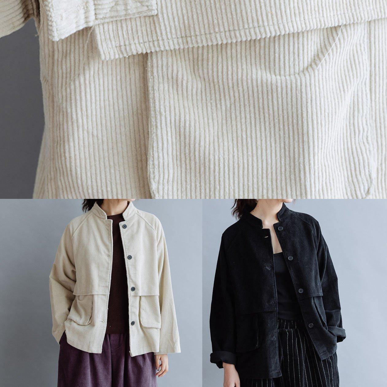 Unique Black Cotton Coat Stand Collar Pockets Cotton Fall Shirts