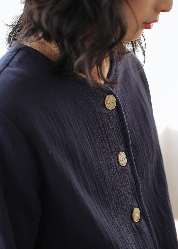 Unique Dark Blue Cotton Clothes for O Neck Button Short Shirt