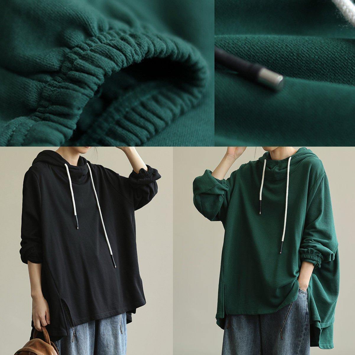 Unique green tunic pattern hooded drawstring Plus Size Clothing blouses