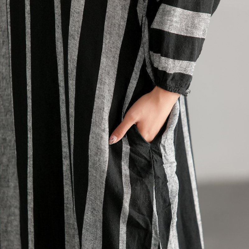 Unique Linen Cotton Quilting Dresses Stylish Black and Gary Stripe Loose Dress
