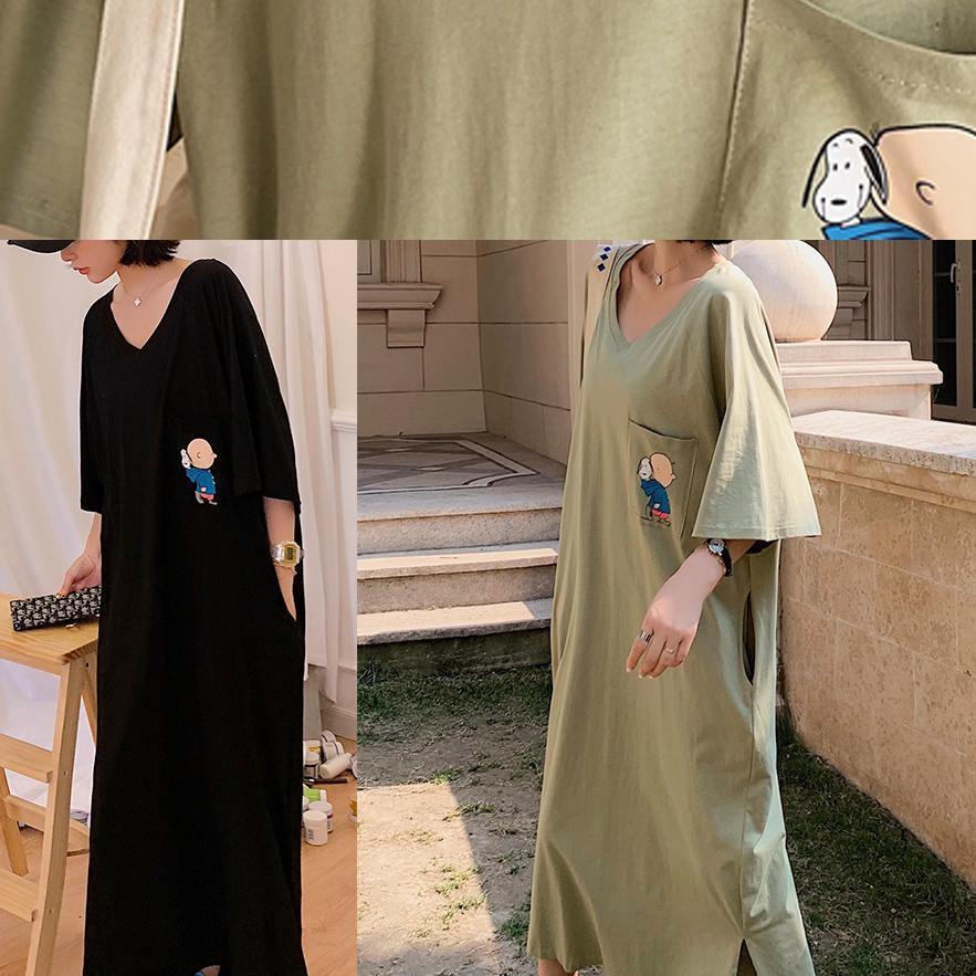 Unique Low High Design Cotton Tunics Wardrobes Army Green V Neck Robe Dresses Summer