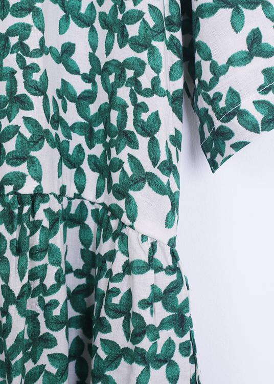 Unique O Neck Cinched Linen Summer Clothes Neckline Green Print Dresses