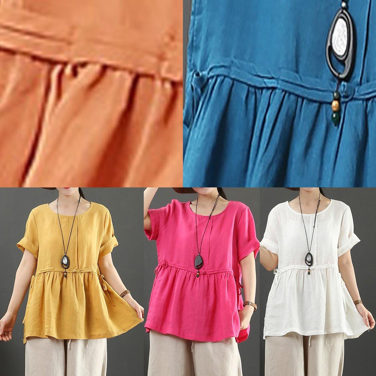 Unique O Neck Cinched Linen Summer Shirts Neckline Blue Blouses