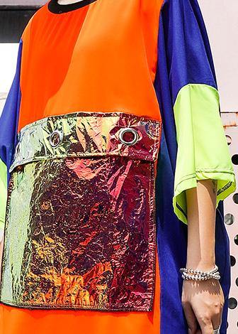Unique Orange Blue Patchwork Chiffon for O Neck Asymmetric Maxi Summer Dress