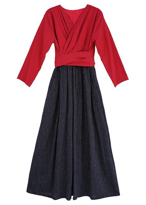 Unique Red Patchwork Striped Quilting Clothes V Neck Large Hem Robes Spring Dress