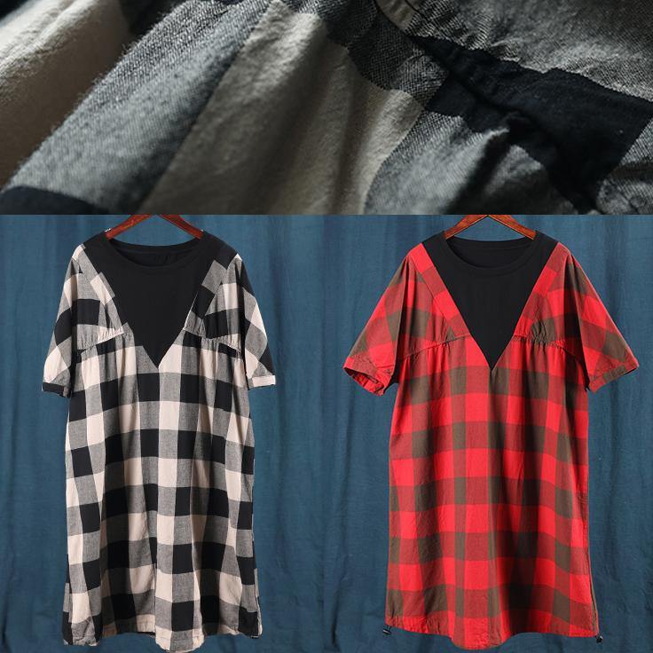 Unique Red Plaid Tunic Dresso Neck Patchwork a Line Summer Dresses