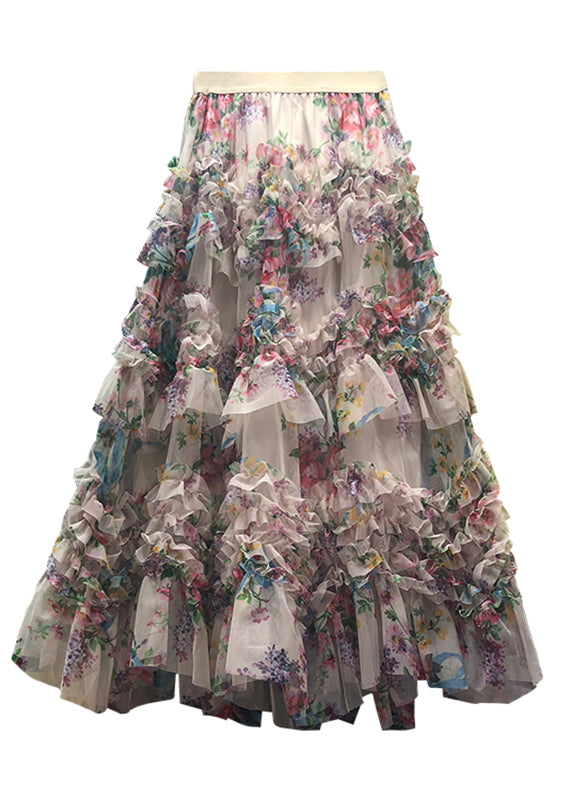 Apricot Asymmetrical Print Ruffled Tulle Cake Skirt Spring