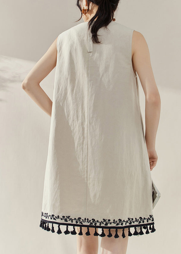 Apricot O-neck Embroidered Tassel Mid Dress Summer