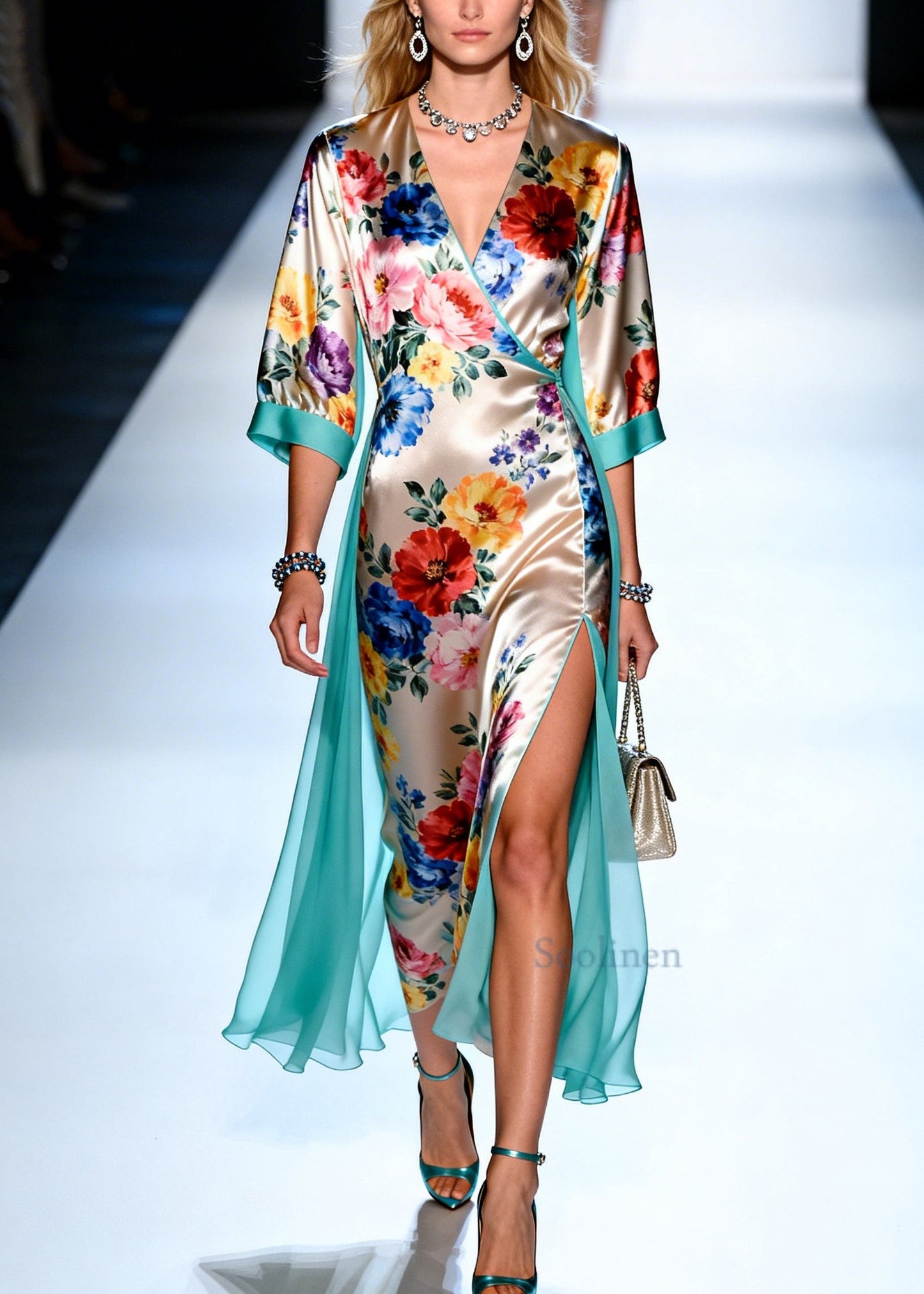 Apricot Print Tulle Patchwork Side Open Silk Dress Summer