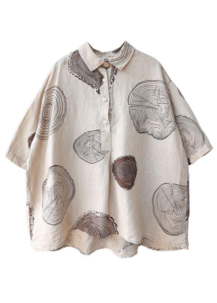 Beige-print3 Peter Pan Collar Print Summer Linen Blouses Half Sleeve