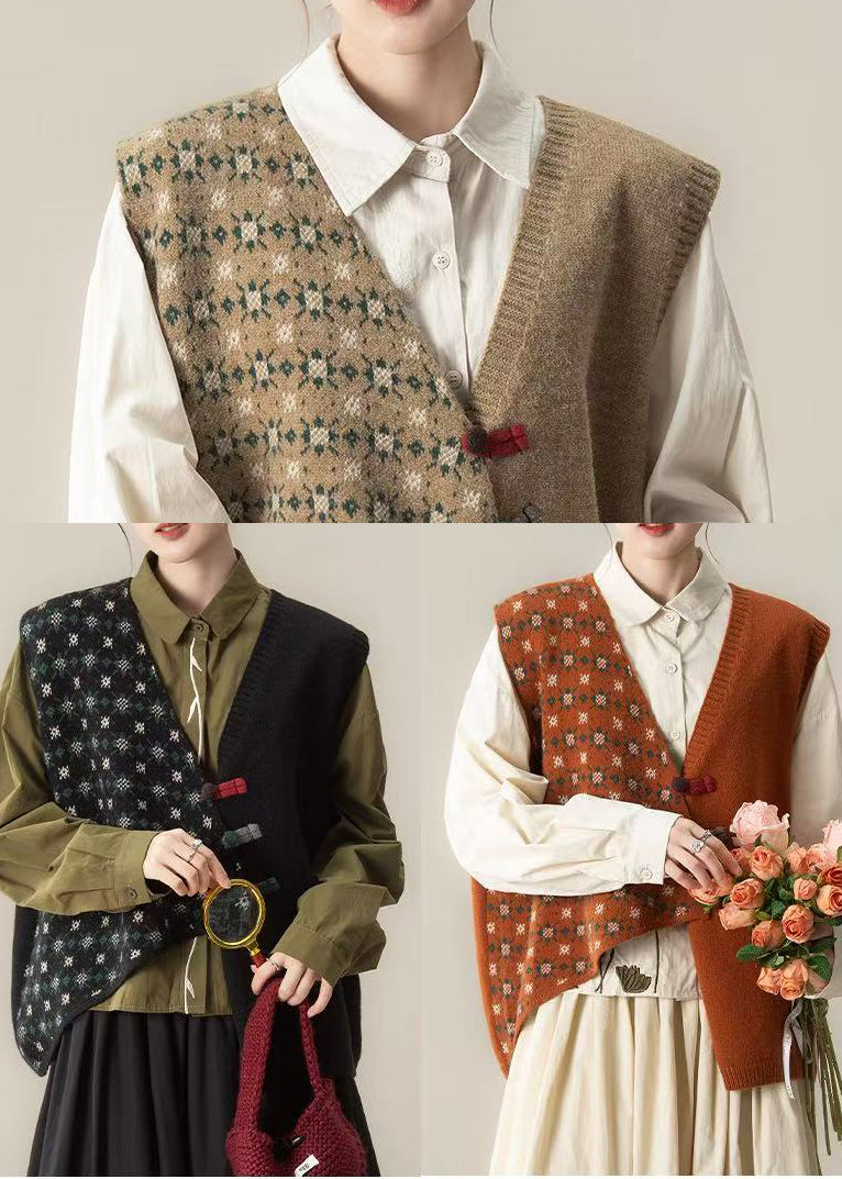 Black Asymmetrical Chinese Button Knit Vests Winter