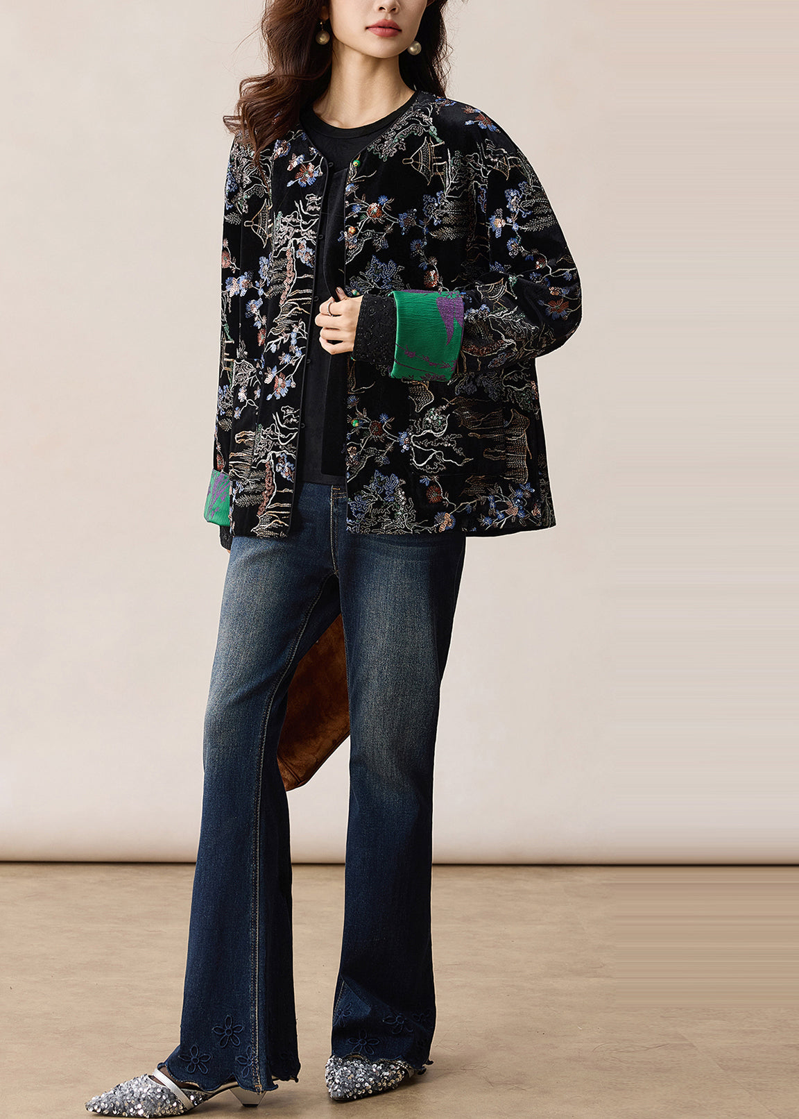 Black Embroidered Sequins Silk Velvet Coats Winter