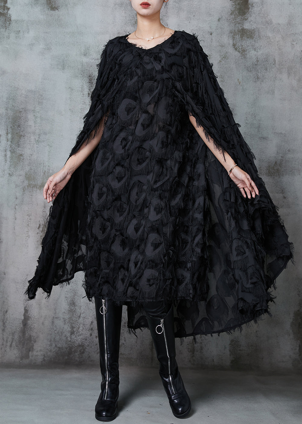 Black Fluffy Cotton Vacation Dresses Cloak Sleeves