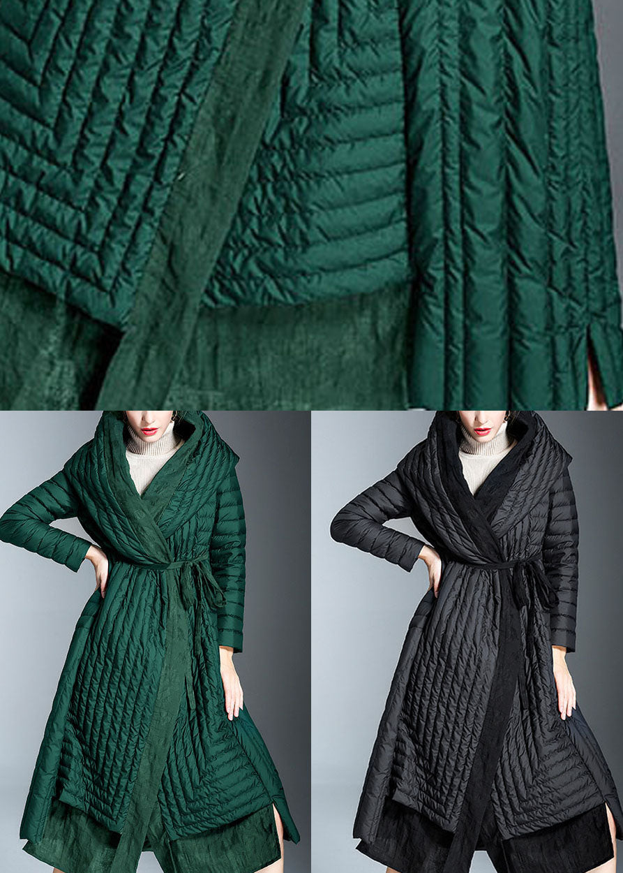 Black Patchwork Tie Waist Winter Down Coat