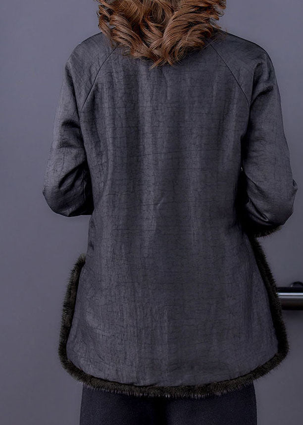 Black Print Fur Collar Fine Cotton Filled Warm Coats Winter