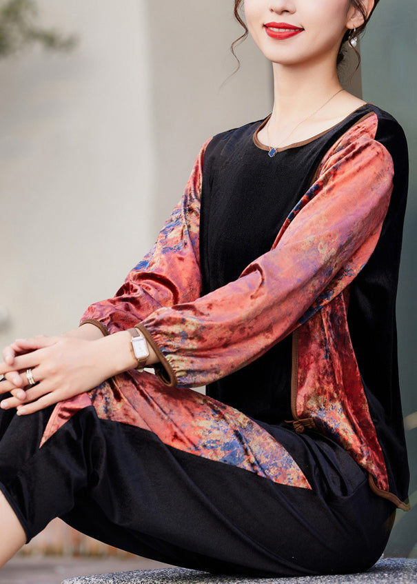 Black Red O-neck Print Patchwork Silk Velour Top and Crop Pants Two Pieces Set Fall