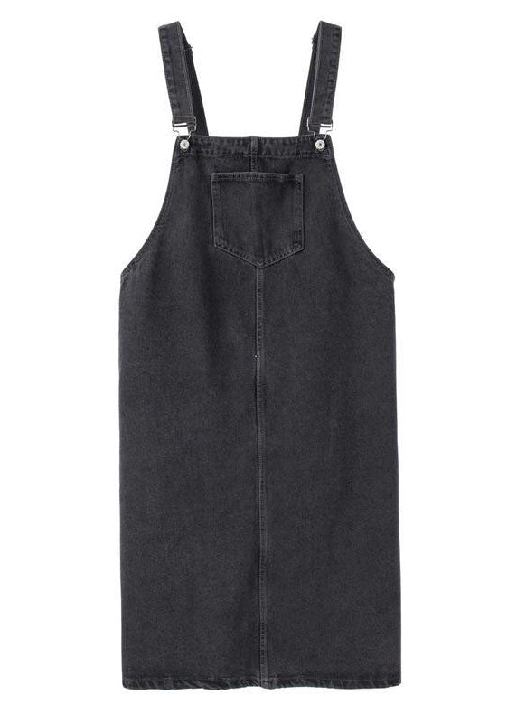 Black Slash Neck Patchwork Button Denim Long Dress Fall