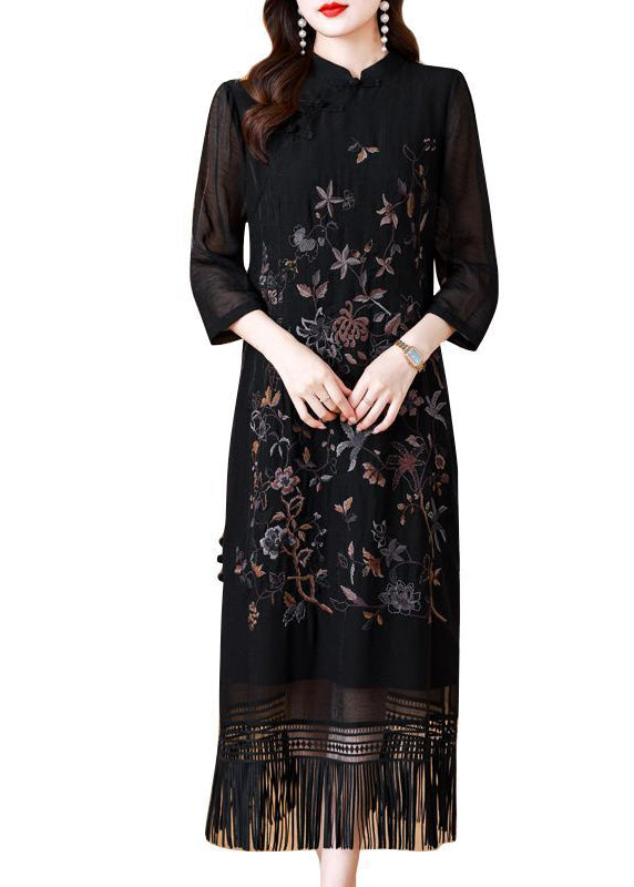 Black Tasseled Embroidered Silk Long Dresses Bracelet Sleeve