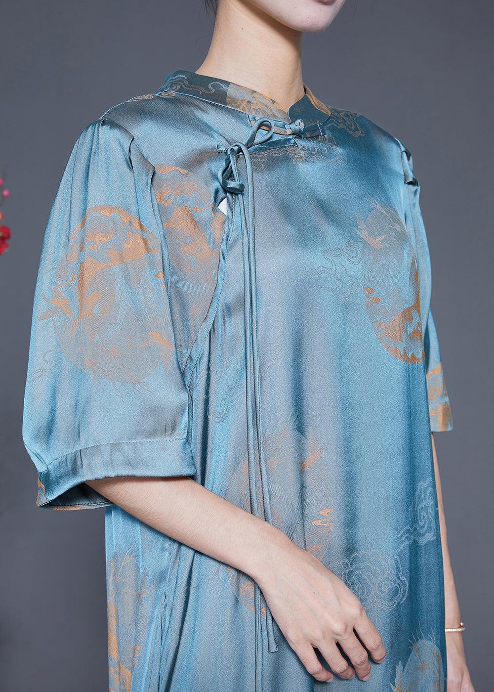 Blue Mandarin Collar Print Silk Long Dresses Summer
