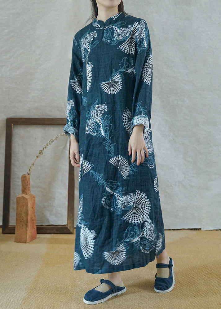 Blue Mandarin Collar Side Open Print Linen Long Dress Long Sleeve