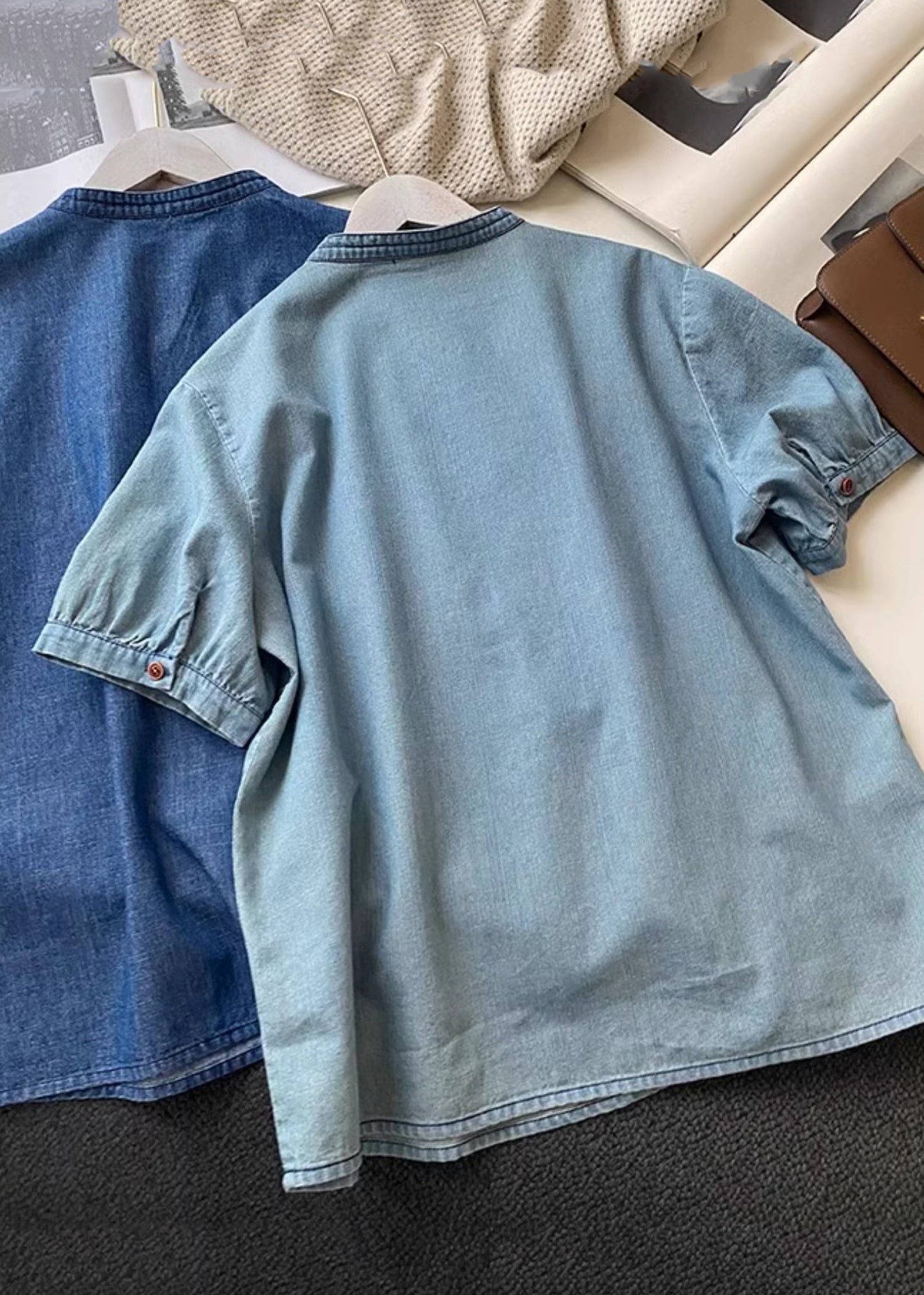 Blue O Neck Button Denim T Shirts Summer